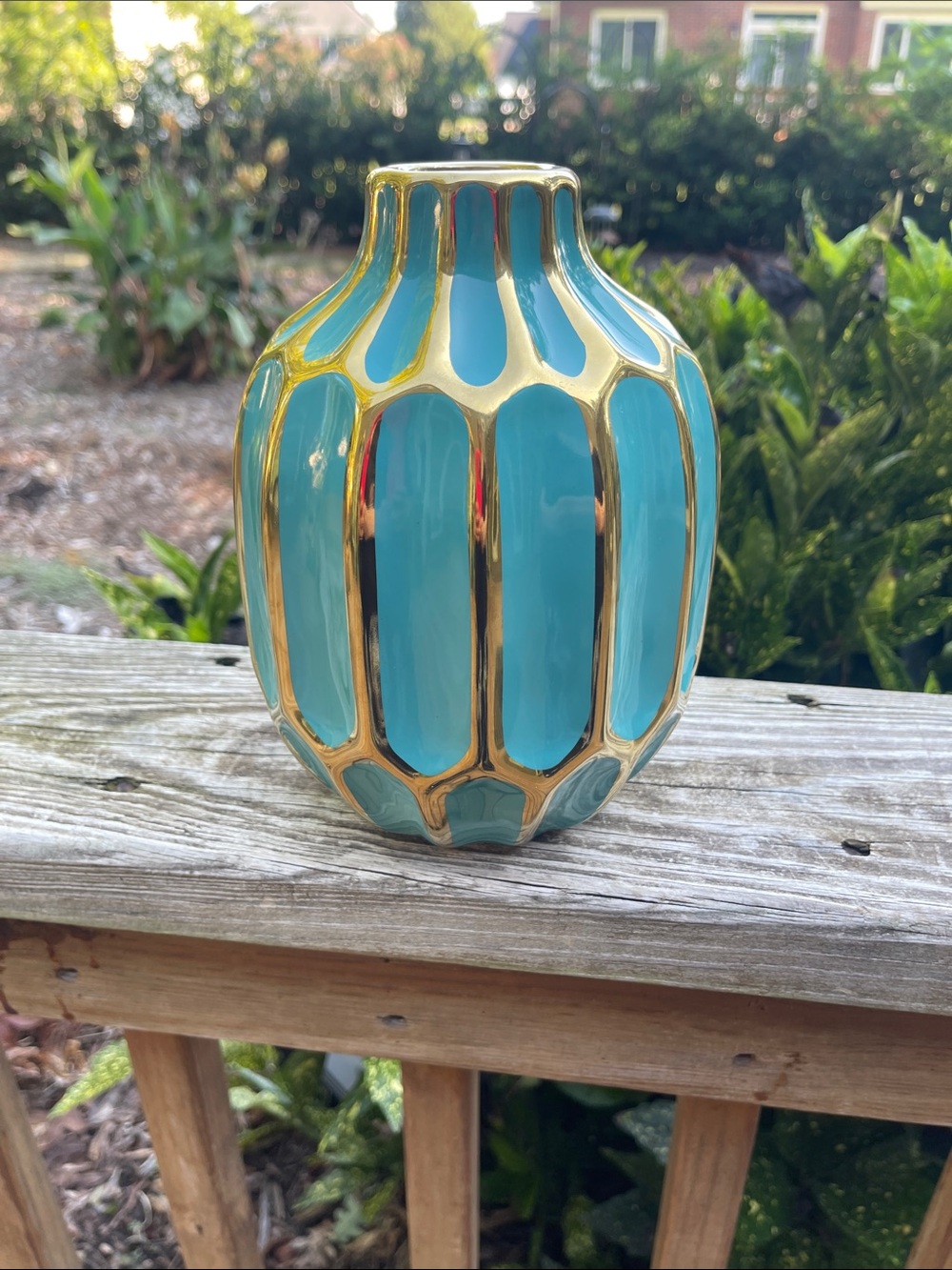 SAGEBROOK HOME CERAMIC DECORATIVE VASE in TURQUOISE & GOLD DESIGN